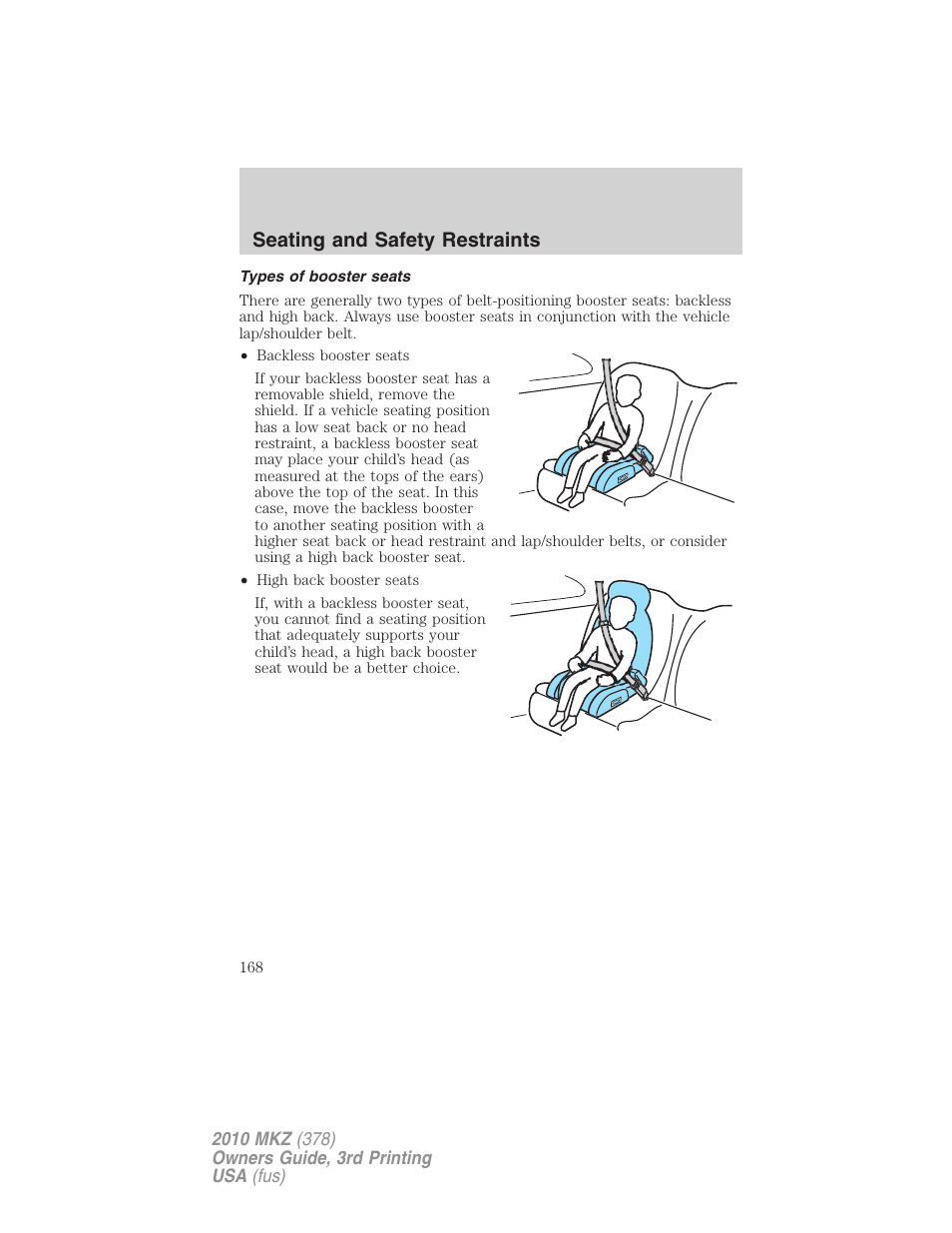 Types of booster seats, Seating and safety restraints | Lincoln 2010 MKZ User Manual | Page 168 / 317