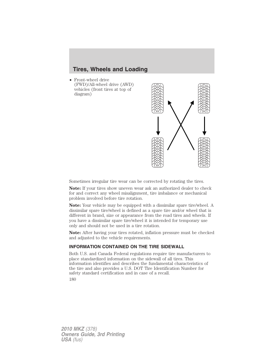 Information contained on the tire sidewall, Tires, wheels and loading | Lincoln 2010 MKZ User Manual | Page 180 / 317