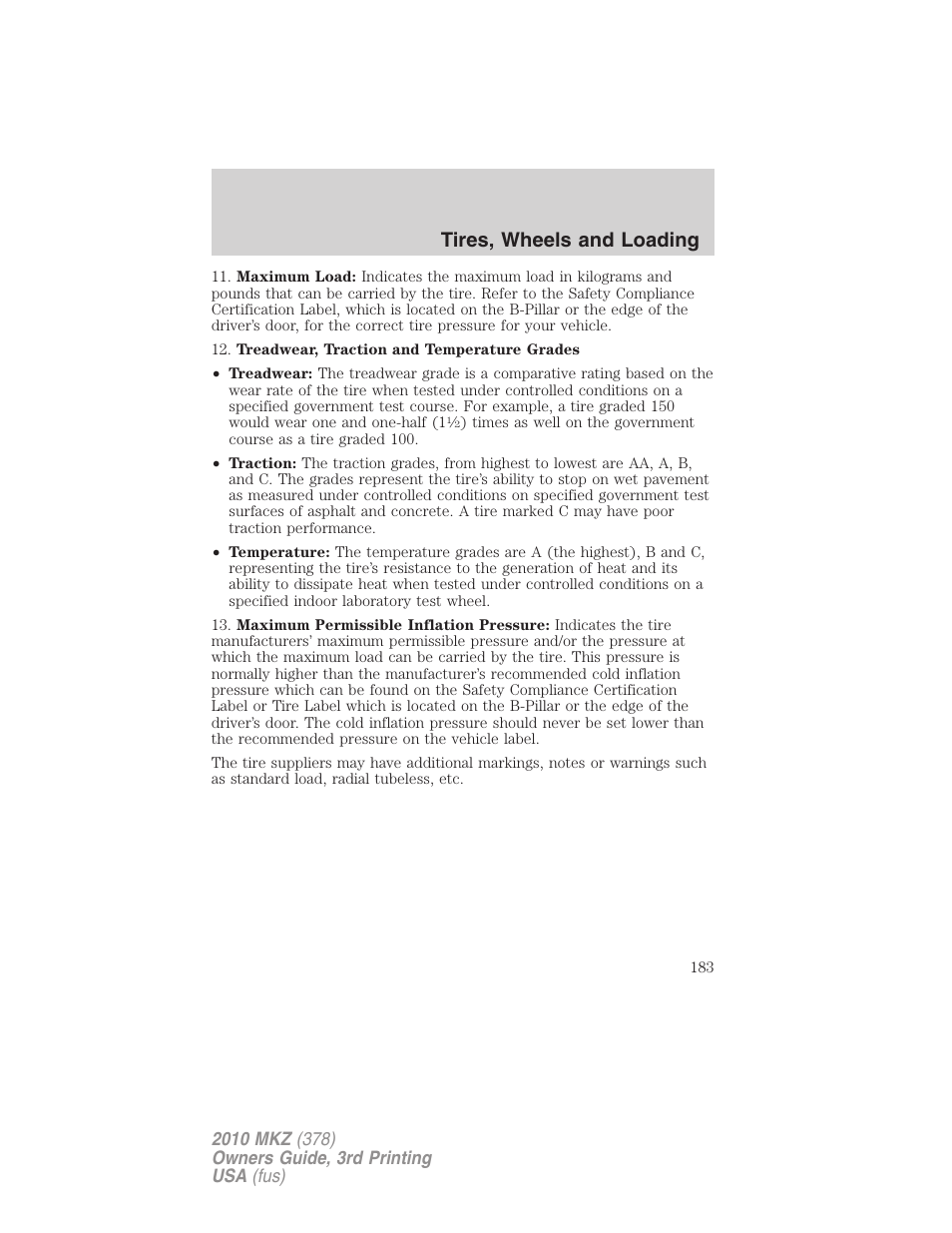 Tires, wheels and loading | Lincoln 2010 MKZ User Manual | Page 183 / 317