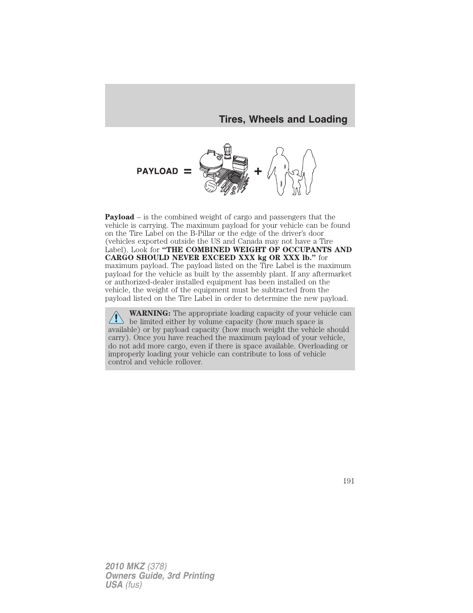 Tires, wheels and loading | Lincoln 2010 MKZ User Manual | Page 191 / 317