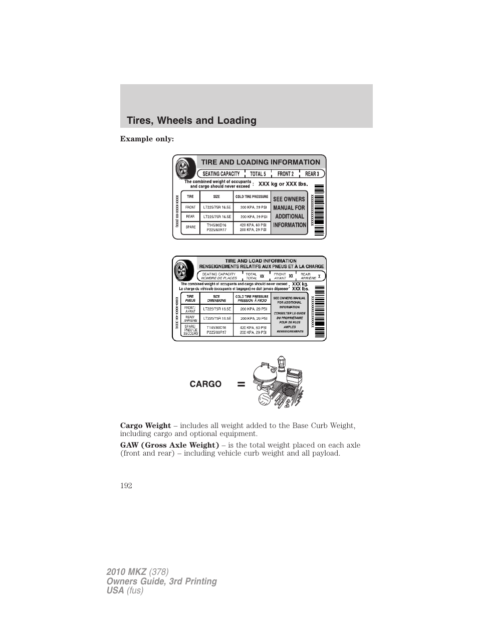 Tires, wheels and loading | Lincoln 2010 MKZ User Manual | Page 192 / 317