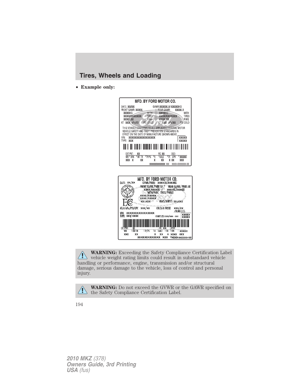 Tires, wheels and loading | Lincoln 2010 MKZ User Manual | Page 194 / 317