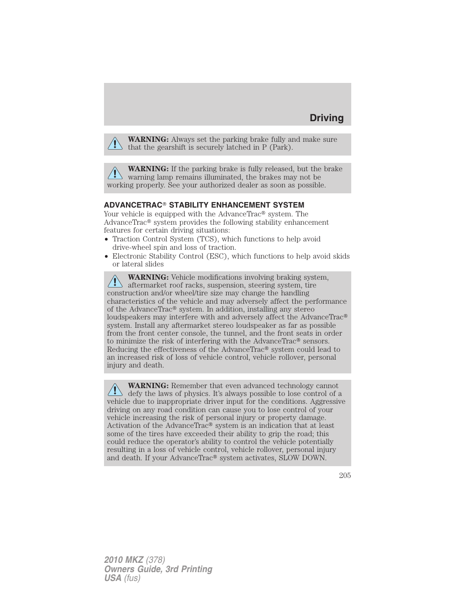 Advancetrac stability enhancement system, Advancetrac, Driving | Lincoln 2010 MKZ User Manual | Page 205 / 317