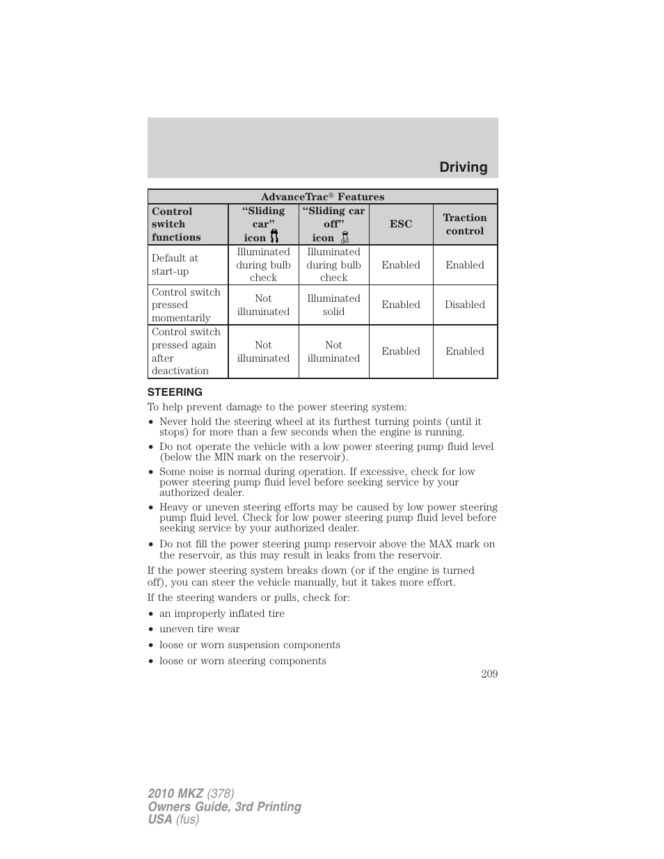 Steering, Driving | Lincoln 2010 MKZ User Manual | Page 209 / 317