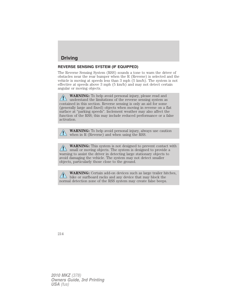 Reverse sensing system (if equipped), Reverse sensing system, Driving | Lincoln 2010 MKZ User Manual | Page 214 / 317