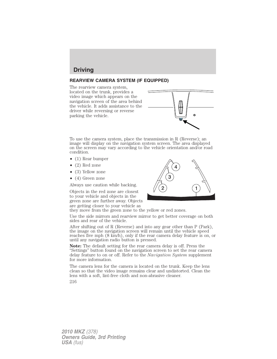 Rearview camera system (if equipped), Rear-view camera system, Driving | Lincoln 2010 MKZ User Manual | Page 216 / 317