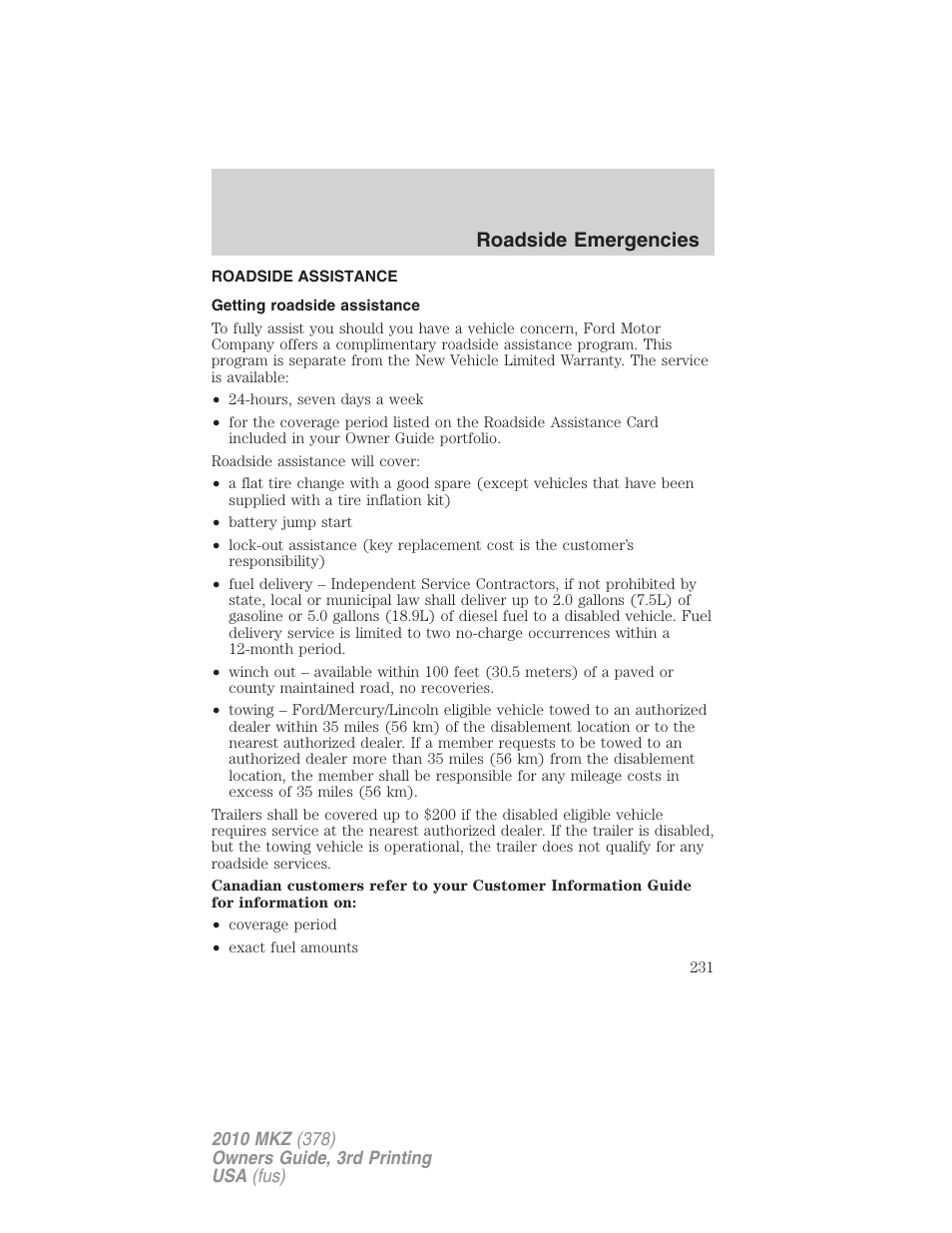 Roadside emergencies, Roadside assistance, Getting roadside assistance | Lincoln 2010 MKZ User Manual | Page 231 / 317