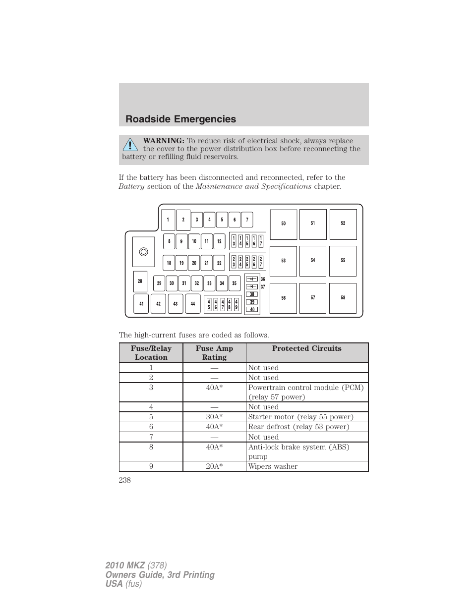 Roadside emergencies | Lincoln 2010 MKZ User Manual | Page 238 / 317