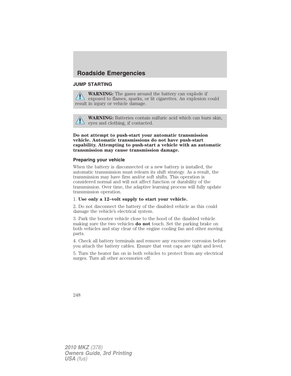 Jump starting, Preparing your vehicle, Roadside emergencies | Lincoln 2010 MKZ User Manual | Page 248 / 317