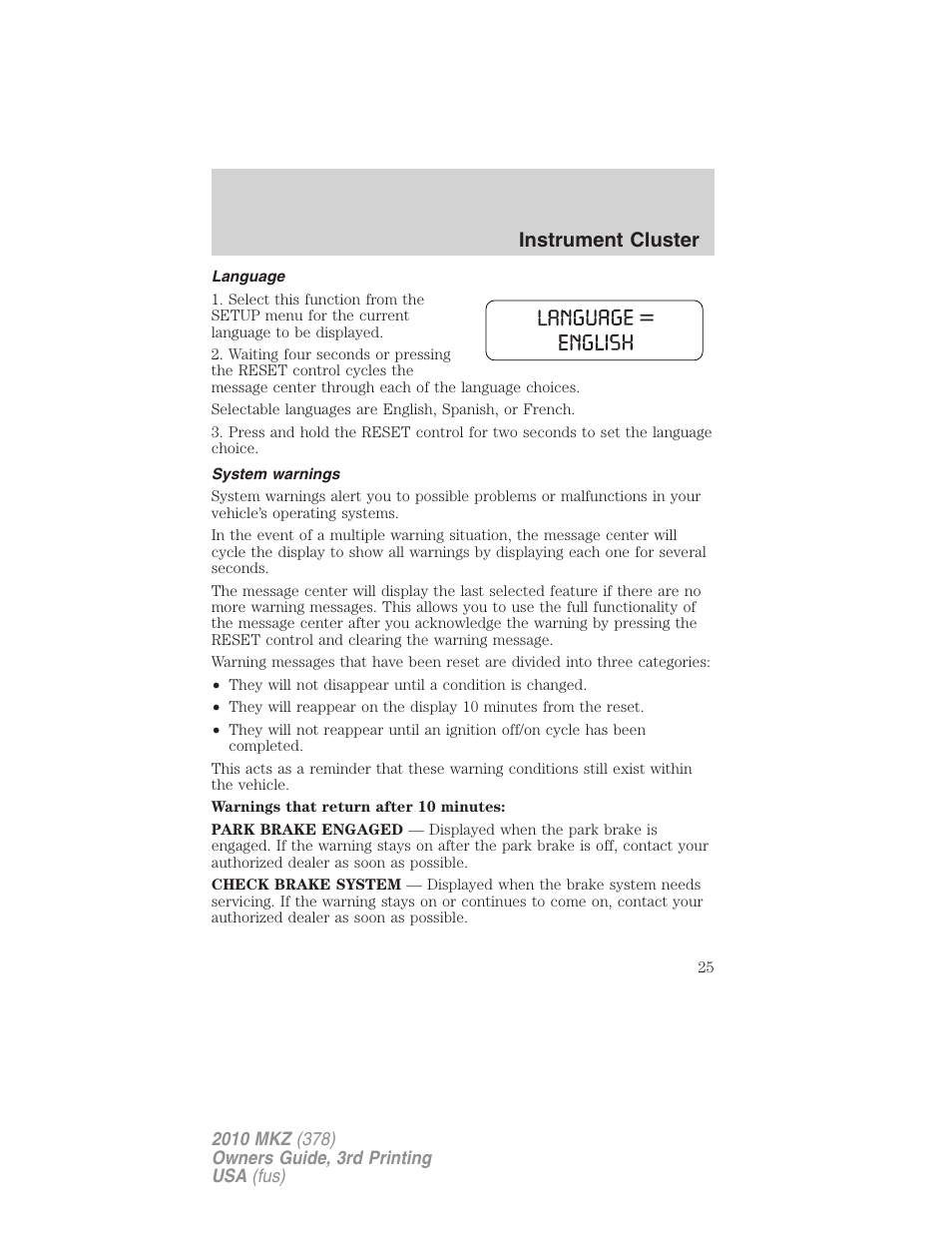 Language, System warnings, Instrument cluster | Lincoln 2010 MKZ User Manual | Page 25 / 317