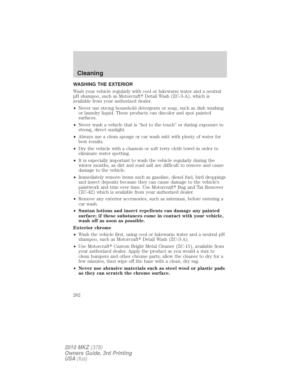 Cleaning, Washing the exterior | Lincoln 2010 MKZ User Manual | Page 262 / 317