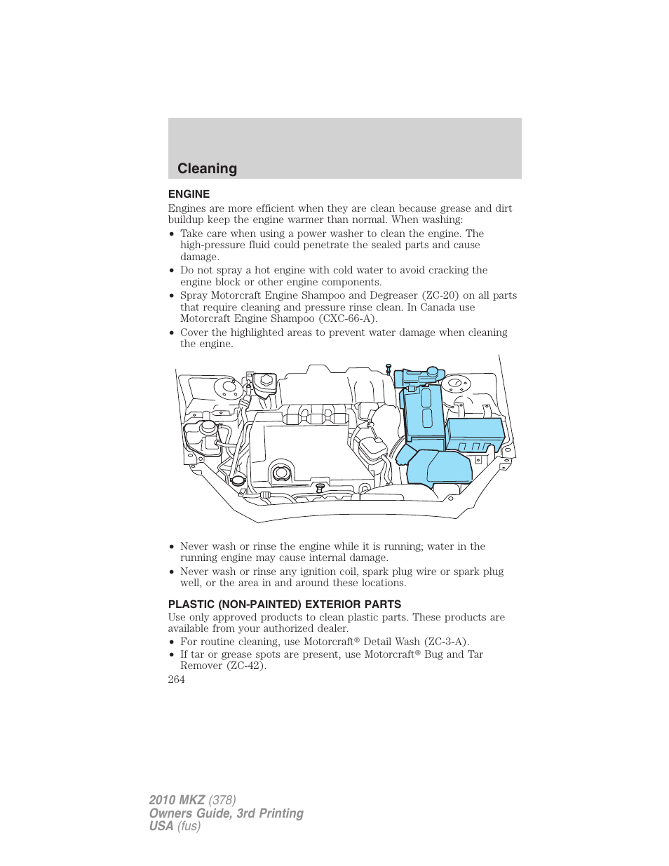 Engine, Plastic (non-painted) exterior parts, Cleaning | Lincoln 2010 MKZ User Manual | Page 264 / 317