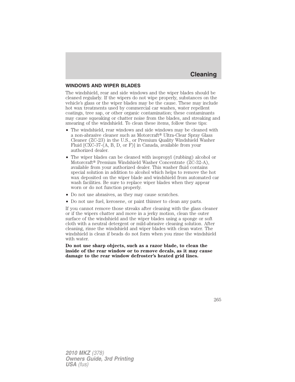 Windows and wiper blades, Cleaning | Lincoln 2010 MKZ User Manual | Page 265 / 317