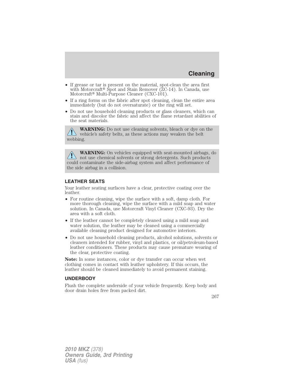 Leather seats, Underbody, Cleaning | Lincoln 2010 MKZ User Manual | Page 267 / 317