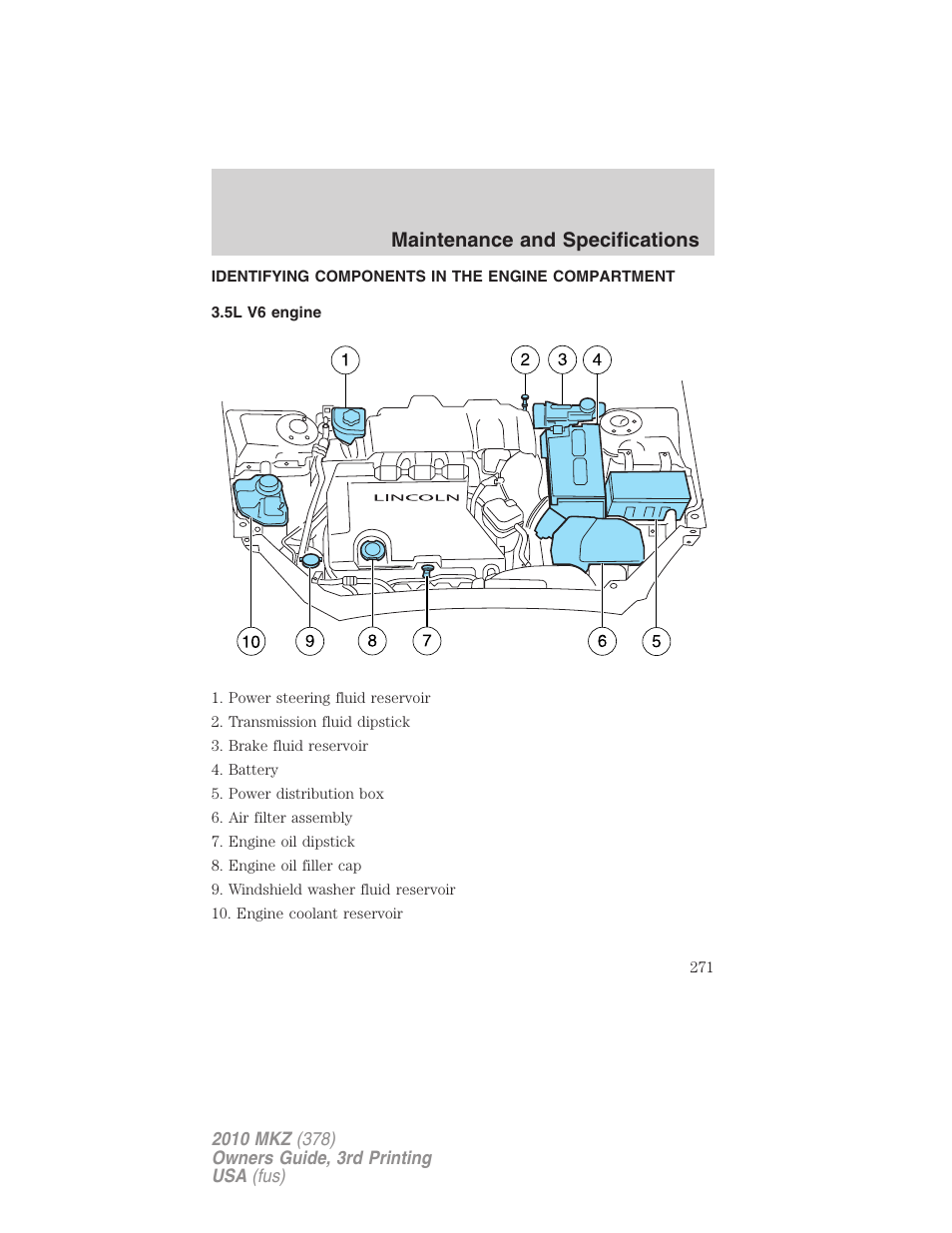 Identifying components in the engine compartment, 5l v6 engine, Engine compartment | Maintenance and specifications | Lincoln 2010 MKZ User Manual | Page 271 / 317