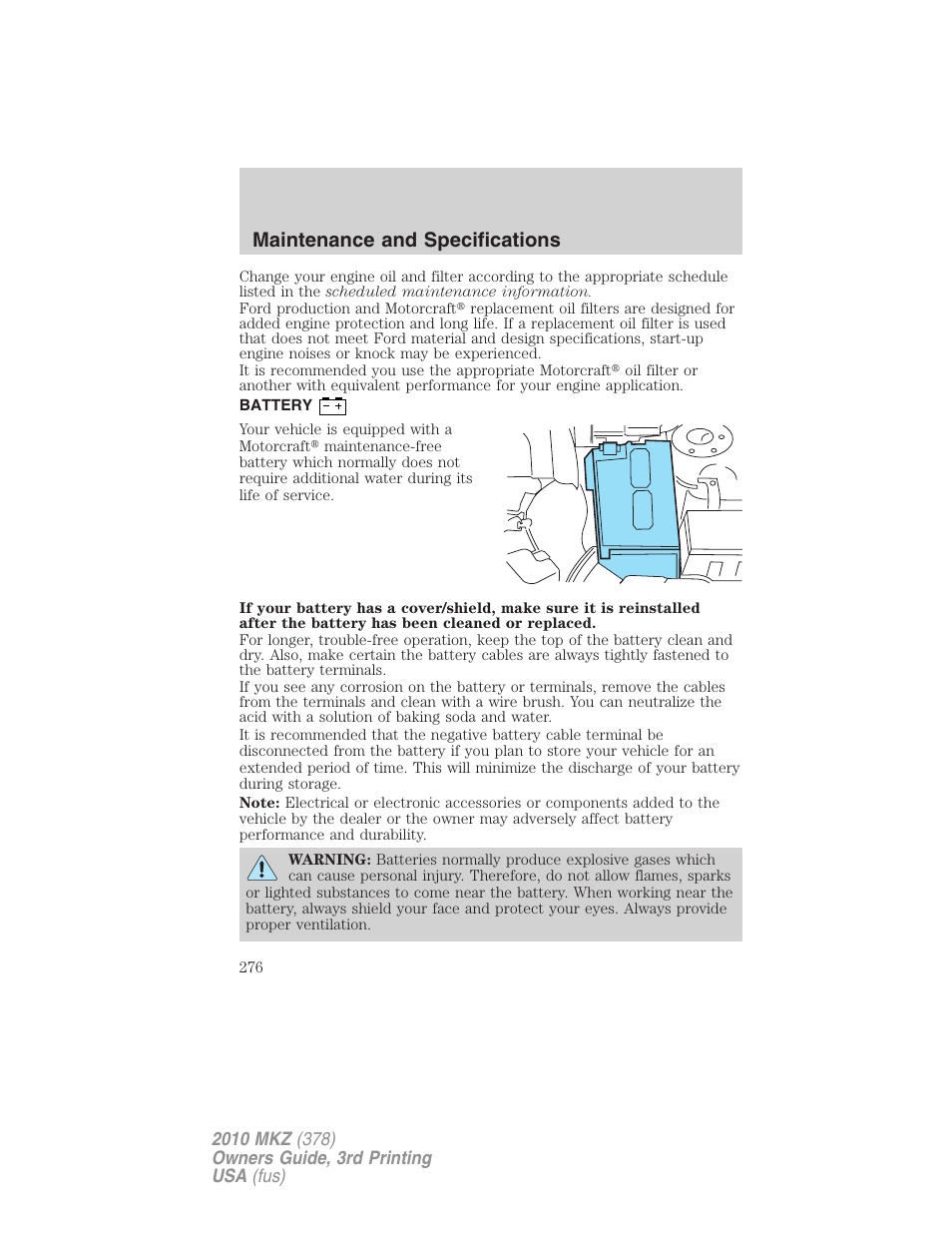 Battery, Maintenance and specifications | Lincoln 2010 MKZ User Manual | Page 276 / 317