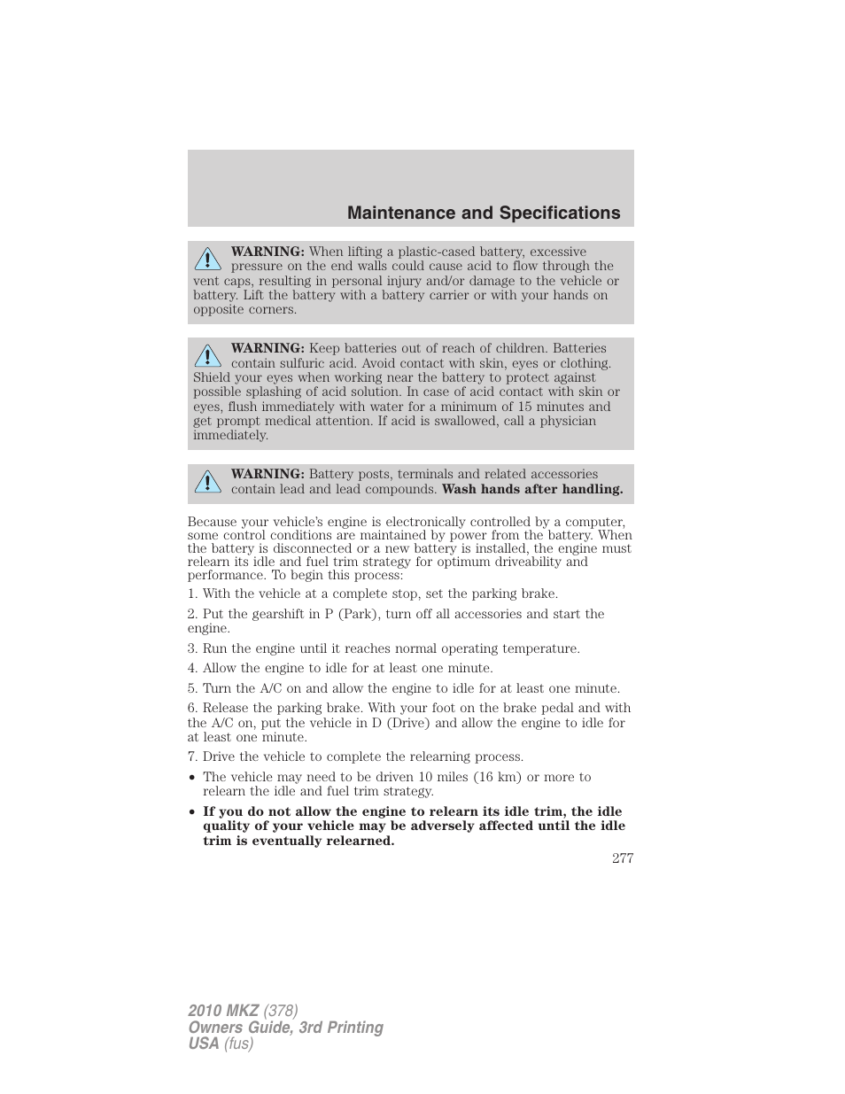 Maintenance and specifications | Lincoln 2010 MKZ User Manual | Page 277 / 317