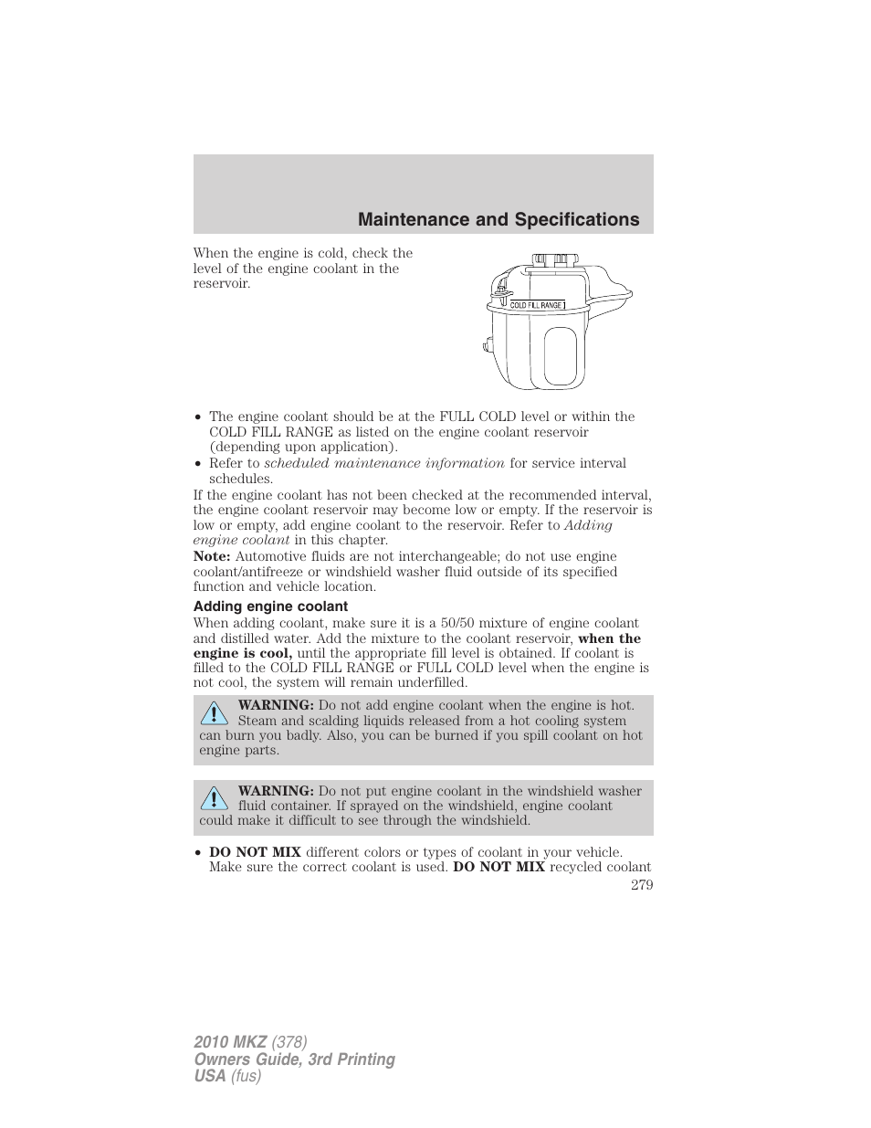 Adding engine coolant, Maintenance and specifications | Lincoln 2010 MKZ User Manual | Page 279 / 317