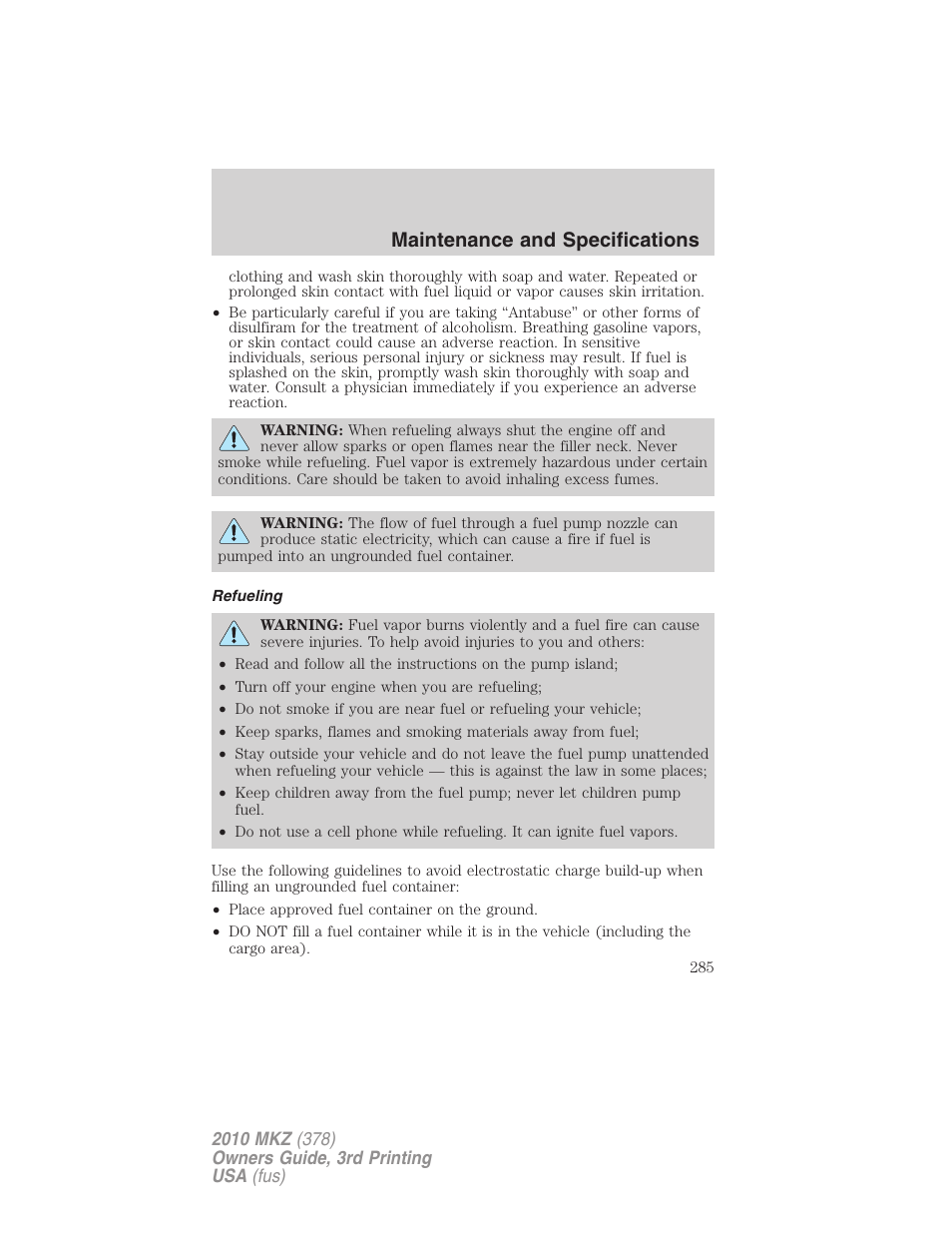 Refueling, Maintenance and specifications | Lincoln 2010 MKZ User Manual | Page 285 / 317