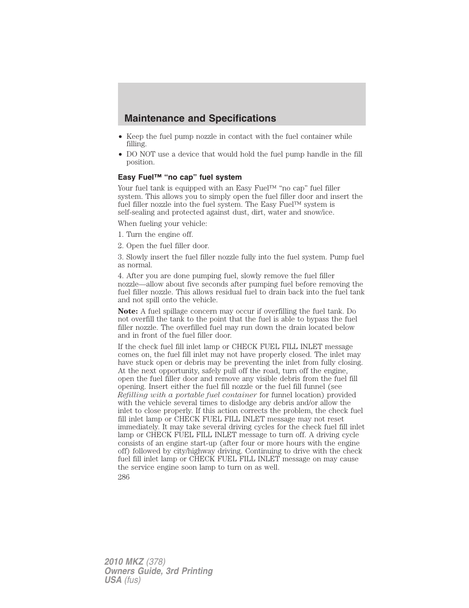 Easy fuel™ “no cap” fuel system, Maintenance and specifications | Lincoln 2010 MKZ User Manual | Page 286 / 317
