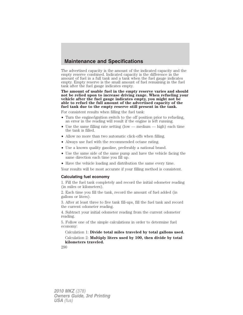 Calculating fuel economy, Maintenance and specifications | Lincoln 2010 MKZ User Manual | Page 290 / 317