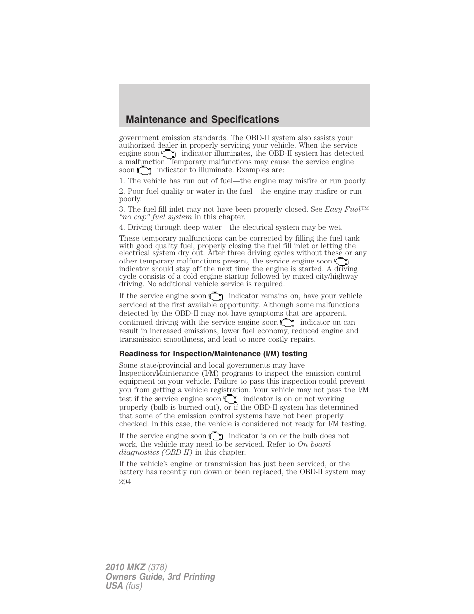 Readiness for inspection/maintenance (i/m) testing, Maintenance and specifications | Lincoln 2010 MKZ User Manual | Page 294 / 317