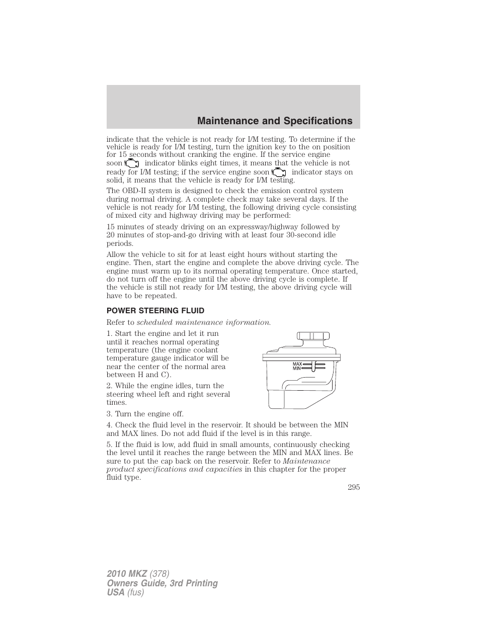 Power steering fluid, Maintenance and specifications | Lincoln 2010 MKZ User Manual | Page 295 / 317