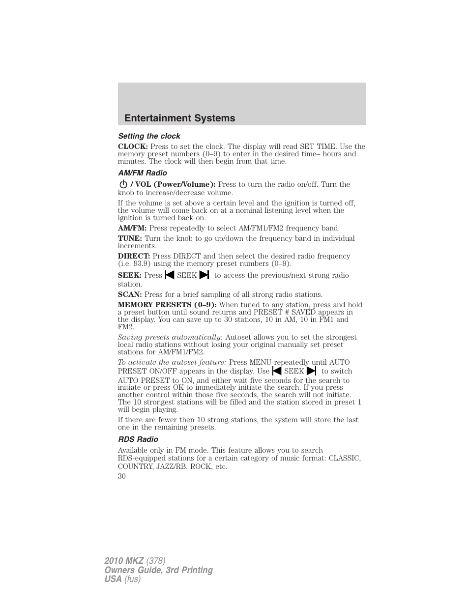 Setting the clock, Am/fm radio, Rds radio | Entertainment systems | Lincoln 2010 MKZ User Manual | Page 30 / 317