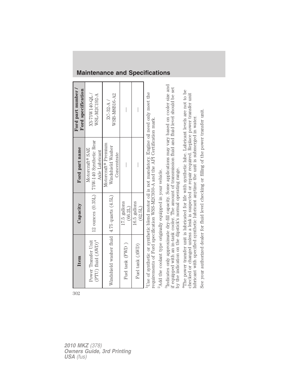 Maintenance and specifications | Lincoln 2010 MKZ User Manual | Page 302 / 317