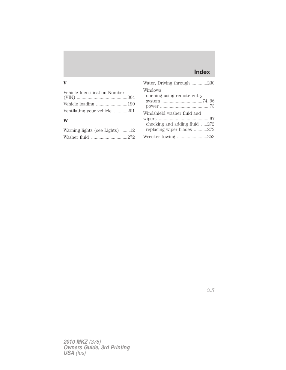 Index | Lincoln 2010 MKZ User Manual | Page 317 / 317