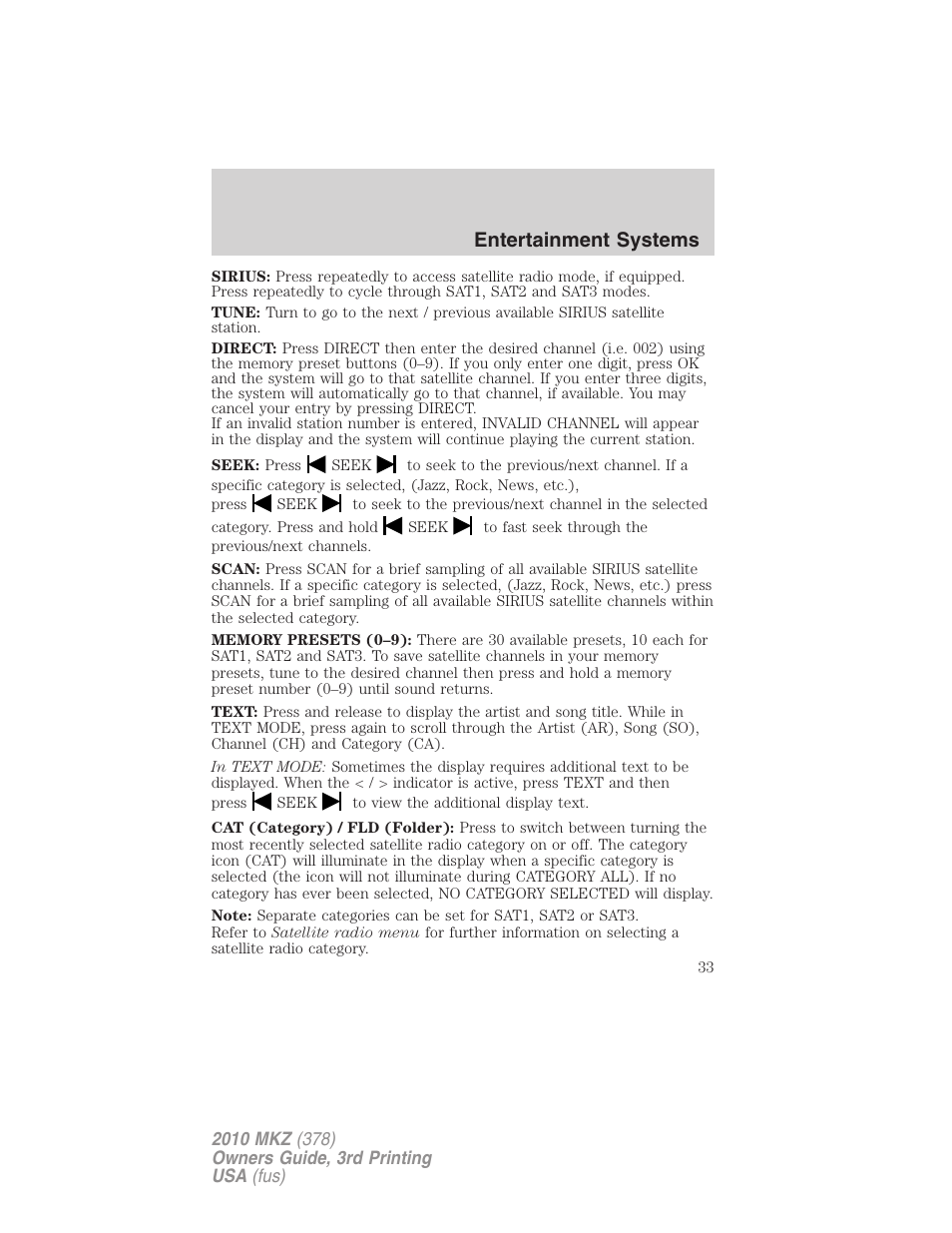 Entertainment systems | Lincoln 2010 MKZ User Manual | Page 33 / 317