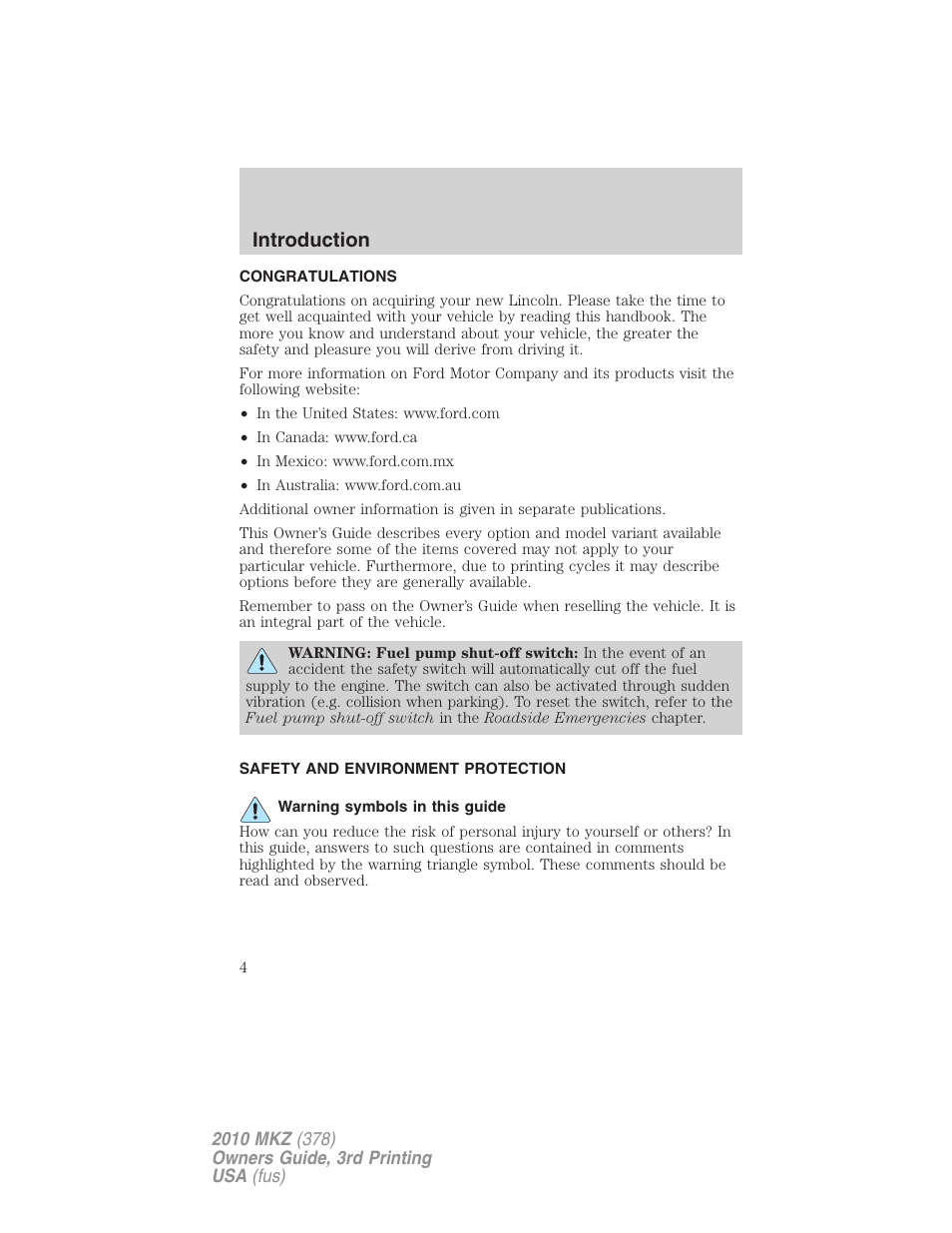 Introduction, Congratulations, Safety and environment protection | Warning symbols in this guide | Lincoln 2010 MKZ User Manual | Page 4 / 317