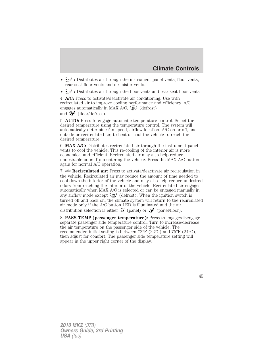 Climate controls | Lincoln 2010 MKZ User Manual | Page 45 / 317