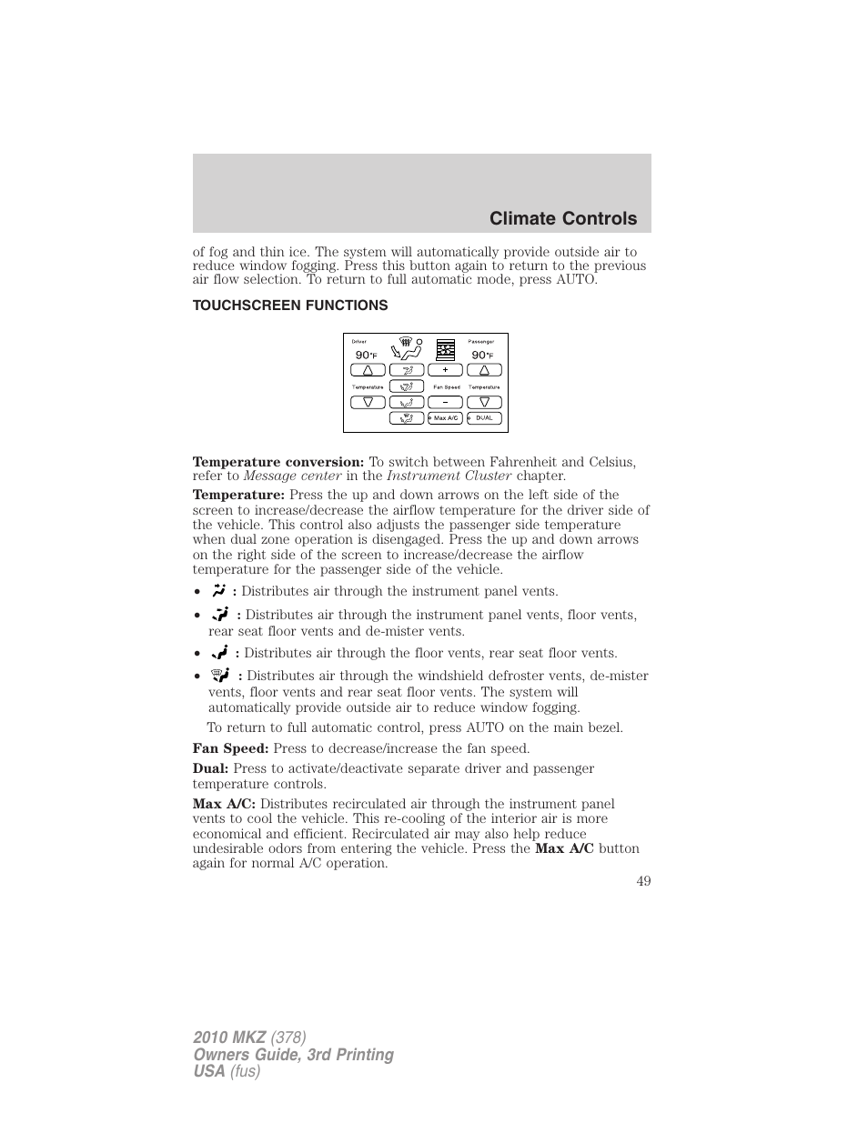 Touchscreen functions, Climate controls | Lincoln 2010 MKZ User Manual | Page 49 / 317