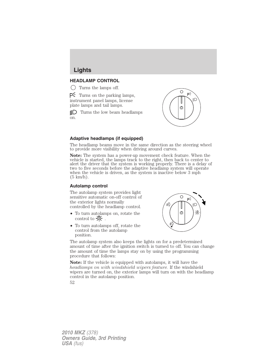 Lights, Headlamp control, Adaptive headlamps (if equipped) | Autolamp control, Headlamps | Lincoln 2010 MKZ User Manual | Page 52 / 317