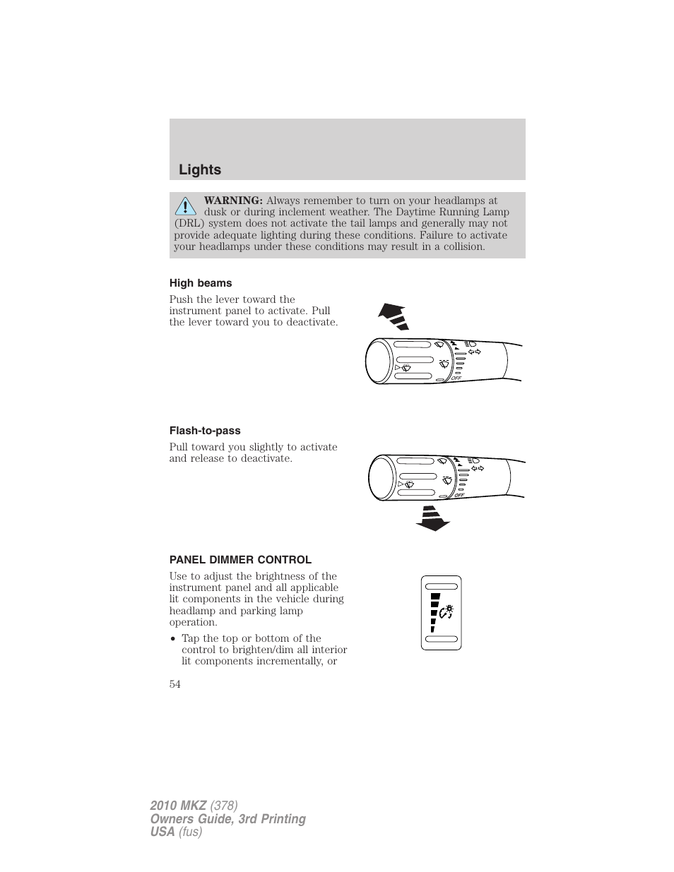 High beams, Flash-to-pass, Panel dimmer control | Lights | Lincoln 2010 MKZ User Manual | Page 54 / 317