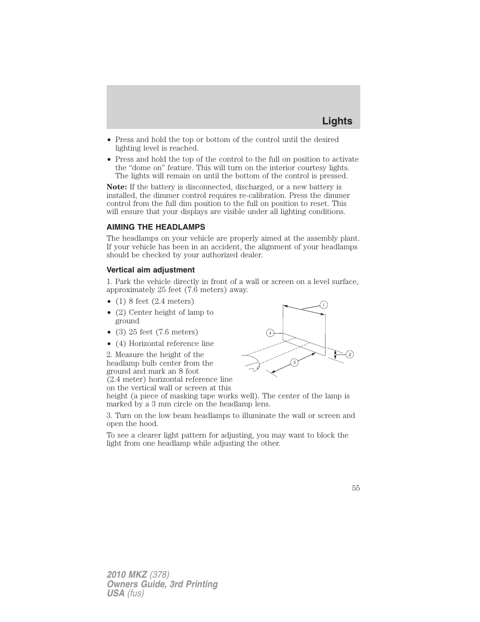 Aiming the headlamps, Vertical aim adjustment, Lights | Lincoln 2010 MKZ User Manual | Page 55 / 317