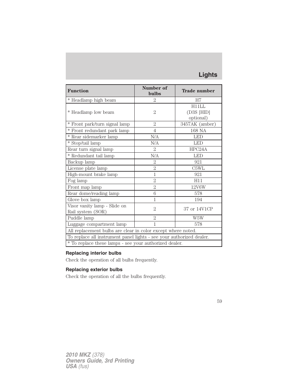 Replacing interior bulbs, Replacing exterior bulbs, Lights | Lincoln 2010 MKZ User Manual | Page 59 / 317