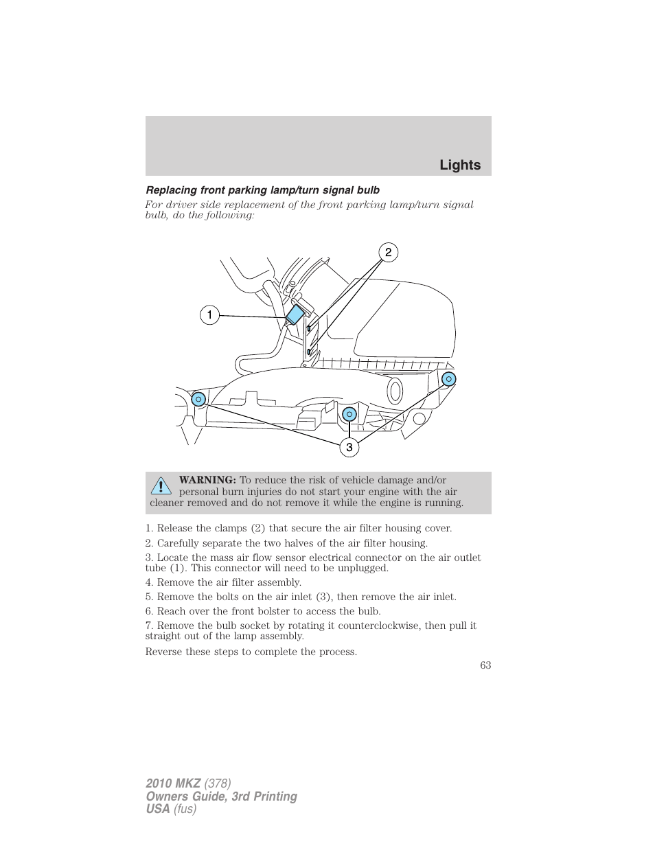 Replacing front parking lamp/turn signal bulb, Lights | Lincoln 2010 MKZ User Manual | Page 63 / 317