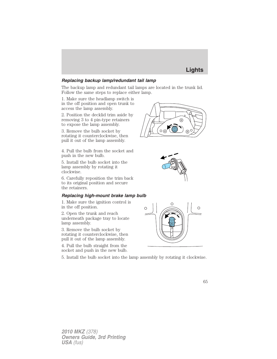 Replacing backup lamp/redundant tail lamp, Replacing high-mount brake lamp bulb, Lights | Lincoln 2010 MKZ User Manual | Page 65 / 317