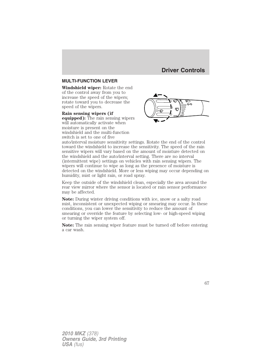Driver controls, Multi-function lever, Windshield wiper/washer control | Lincoln 2010 MKZ User Manual | Page 67 / 317