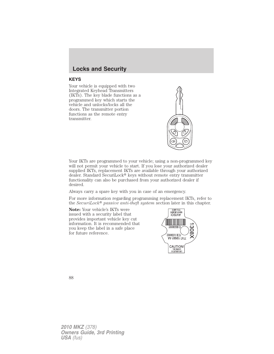 Locks and security, Keys | Lincoln 2010 MKZ User Manual | Page 88 / 317