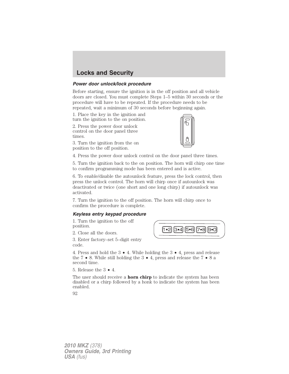 Power door unlock/lock procedure, Keyless entry keypad procedure, Locks and security | Lincoln 2010 MKZ User Manual | Page 92 / 317
