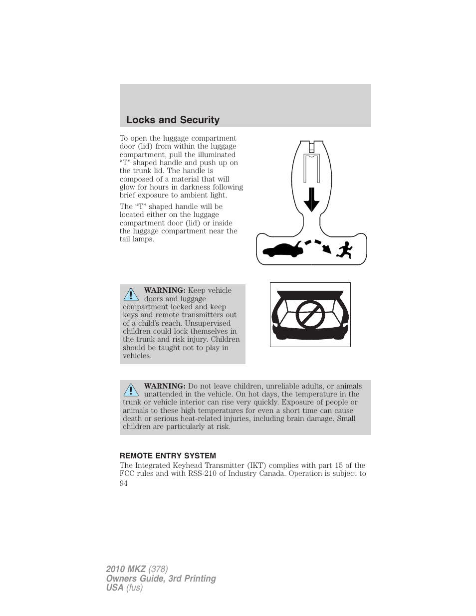 Remote entry system, Locks and security | Lincoln 2010 MKZ User Manual | Page 94 / 317