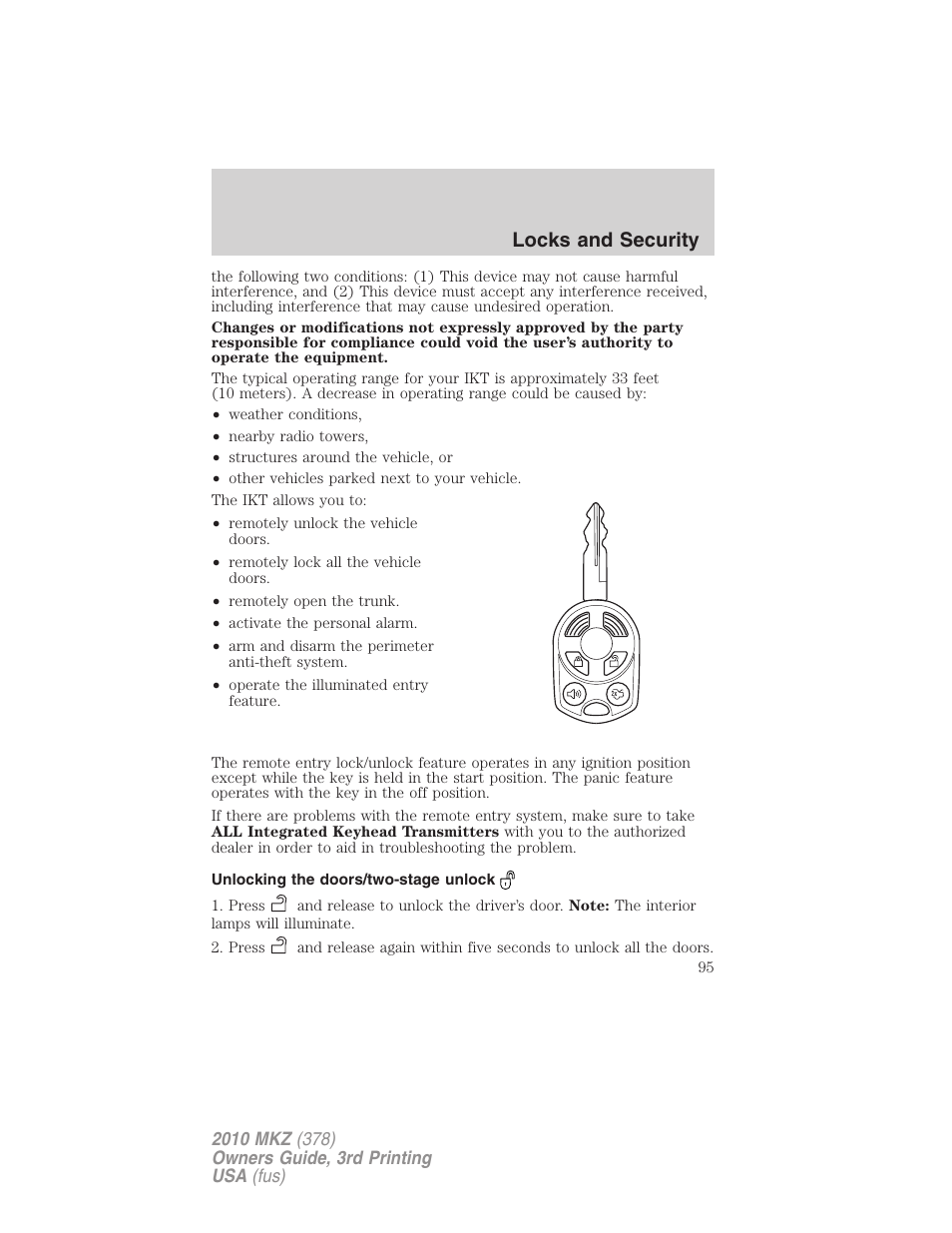 Unlocking the doors/two-stage unlock, Locks and security | Lincoln 2010 MKZ User Manual | Page 95 / 317