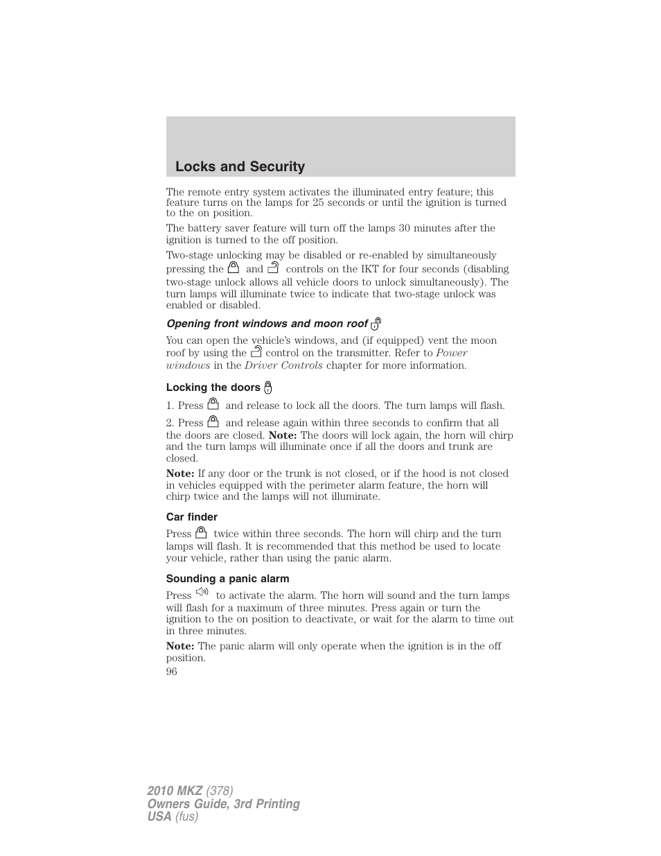 Opening front windows and moon roof, Locking the doors, Car finder | Sounding a panic alarm, Locks and security | Lincoln 2010 MKZ User Manual | Page 96 / 317