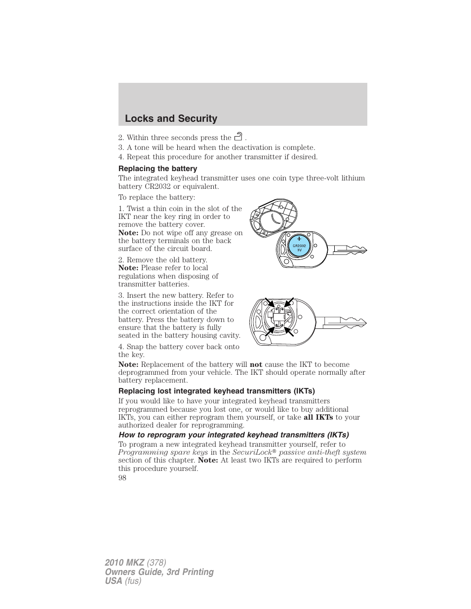 Replacing the battery, Locks and security | Lincoln 2010 MKZ User Manual | Page 98 / 317