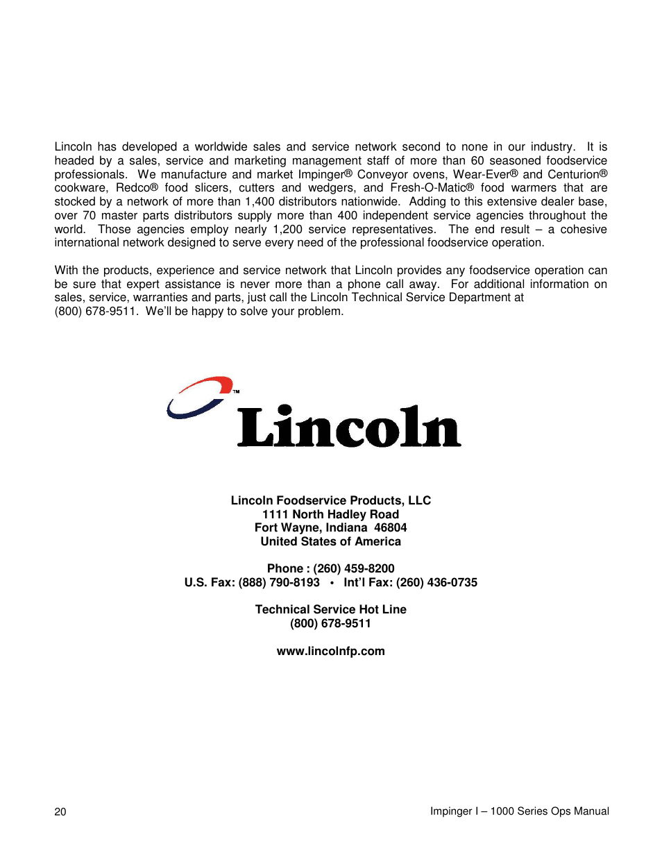 Lincoln IMPINGER 1000 User Manual | Page 20 / 20