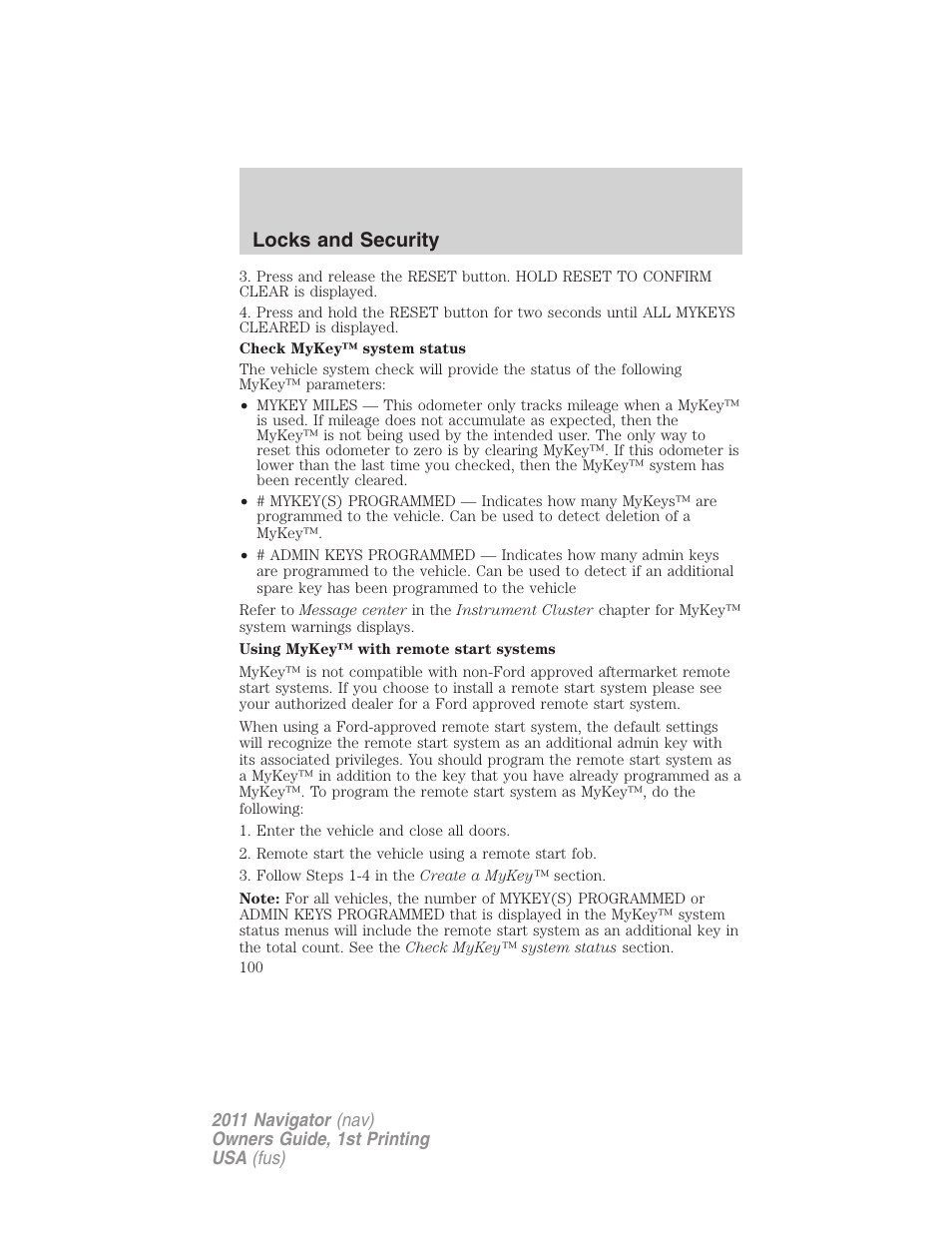Locks and security | Lincoln 2011 Navigator User Manual | Page 100 / 370