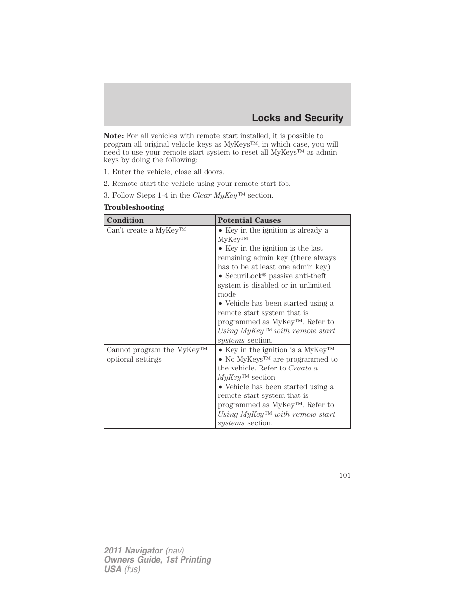 Locks and security | Lincoln 2011 Navigator User Manual | Page 101 / 370